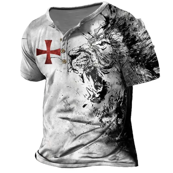 Men's Vintage Lion Cross Print Henley Collar T-Shirt - Kalesafe.com 