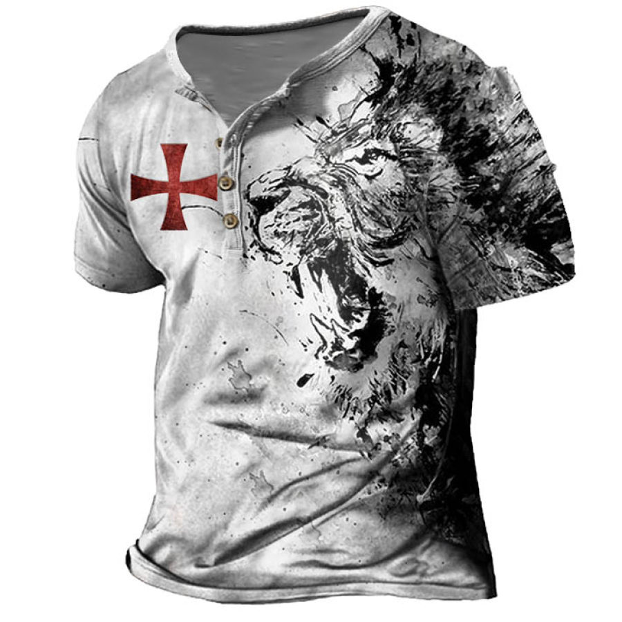 

Men's Vintage Lion Cross Print Henley Collar T-Shirt