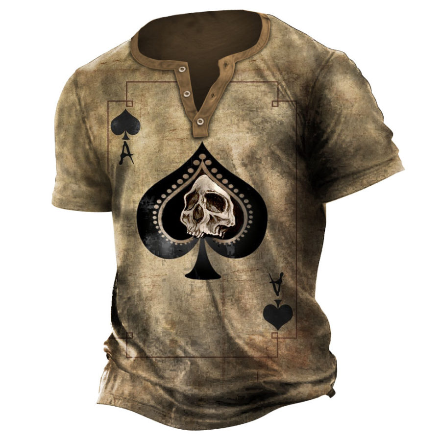 

Men's Vintage Skull Playing Cards Print Henley T-Shirt