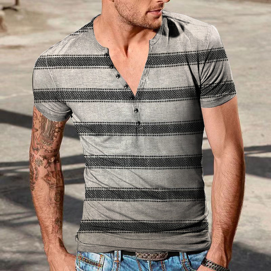 

Men's Outdoor Vintage Stripe Print Henley T-Shirt