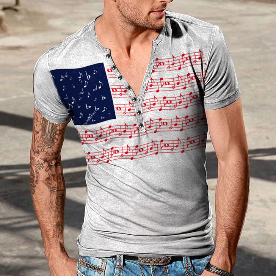 

Men's Vintage Musical American Flag Print Henley T-Shirt