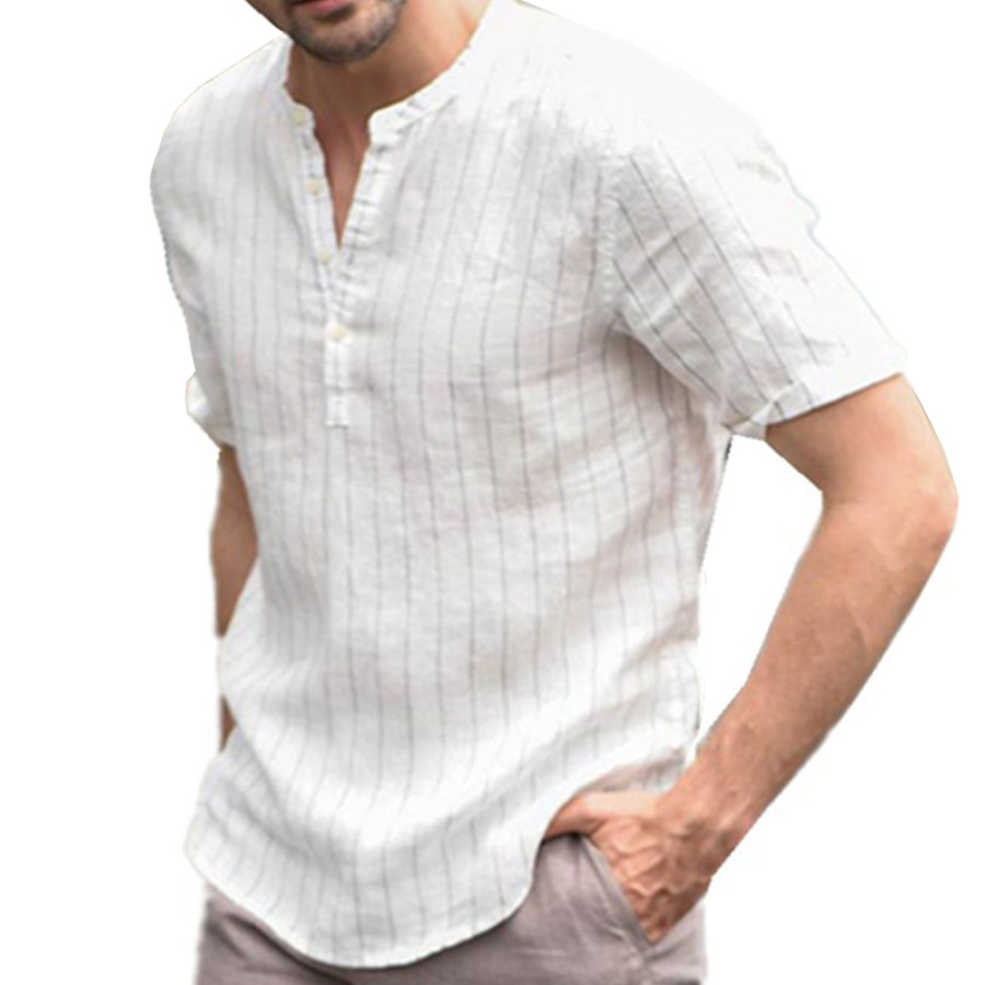 

Men's Vintage Striped Cotton Linen Casual Henley Collar Shirt