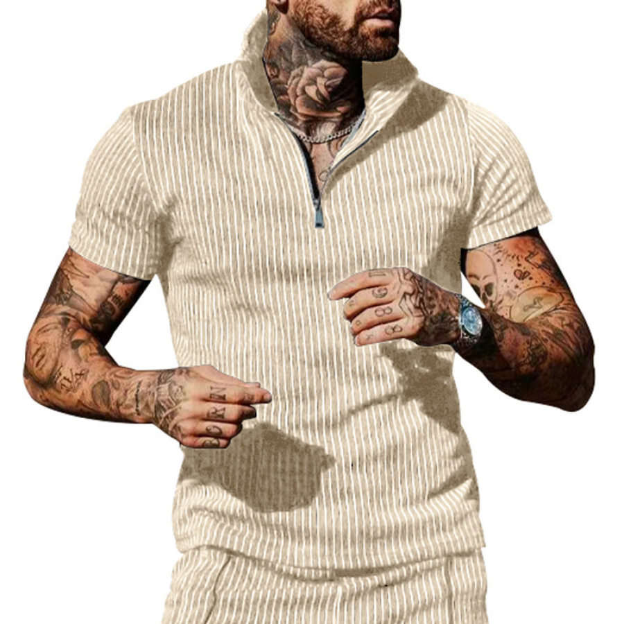 

Men's Outdoor Striped Print Zipper Polo Neck Casual T-Shirt