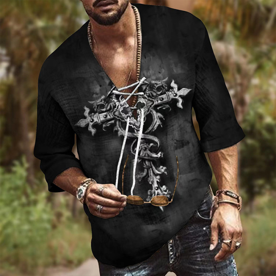 

Men's Casual Loose Cotton And Linen Printed Long-sleeved T-shirt