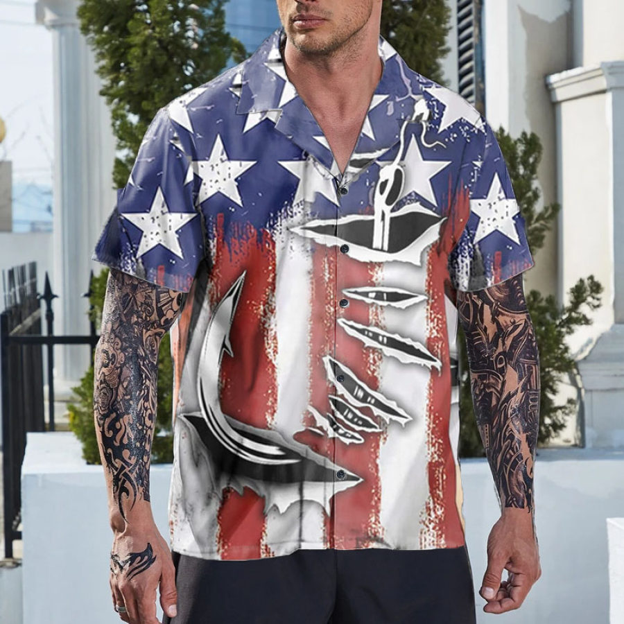 

Men's Vacation Hawaiian American Flag Fishing Graphic Print Shirt