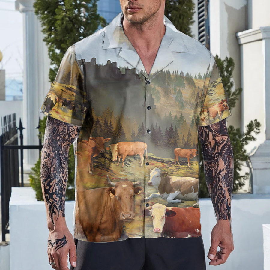

Men's Vacation Hawaiian Casual West Farm Cow Graphic Print Shirt