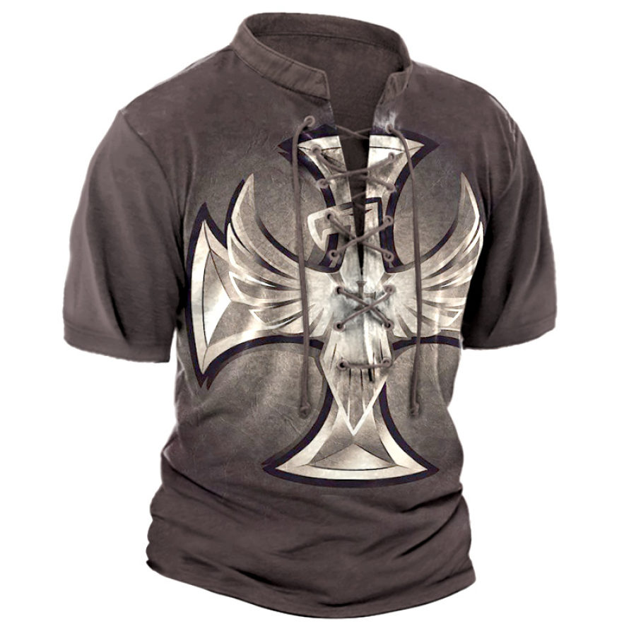 

Men's Vintage Cross Print Lace-Up T-Shirt