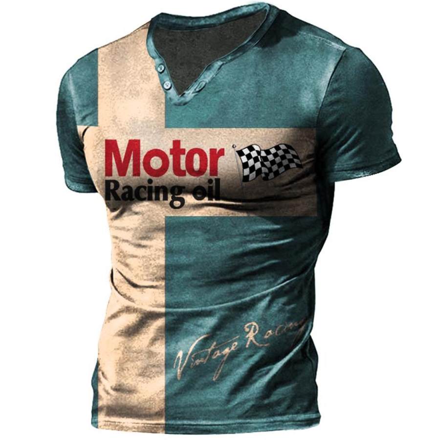 

Men's Outdoor Vintage Motor Racing Oil Print V-Neck T-Shirt