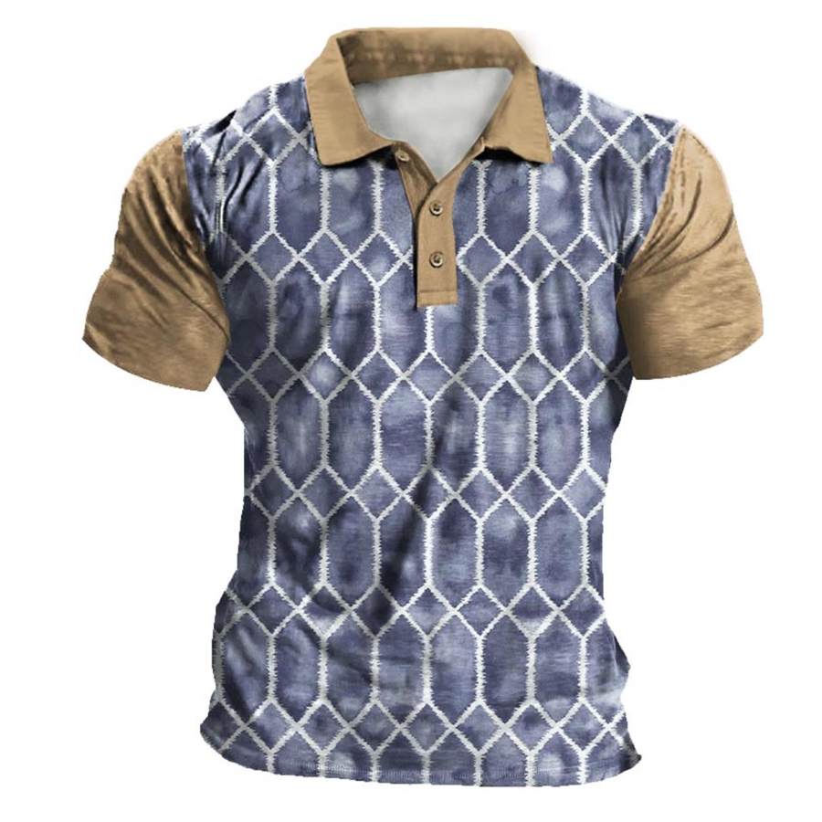 

Men's Vintage Geometric Pattern Contrast Color Print Polo T-Shirt