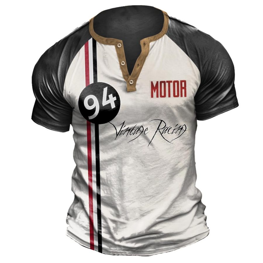 

Men's Outdoor Vintage Racing Motor Print Henley T-Shirt