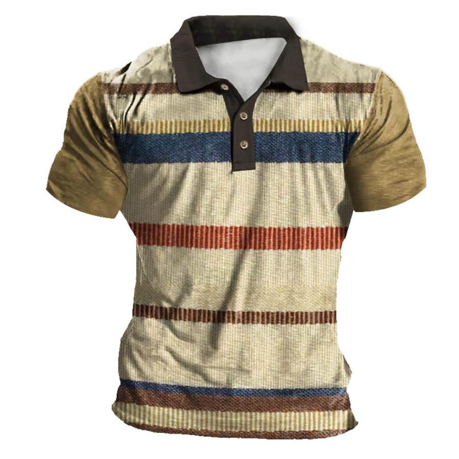 

Men's Vintage Stripe Color Block Print Polo T-Shirt