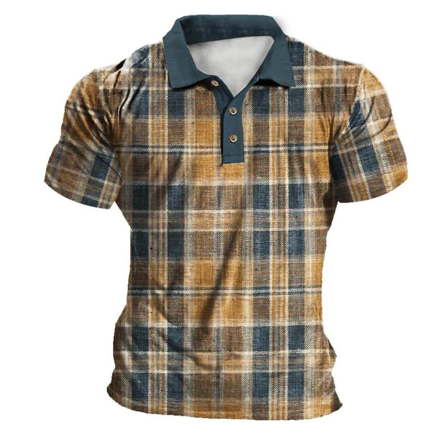 

Men's Vintage Plaid Contrast Color Print Polo T-Shirt