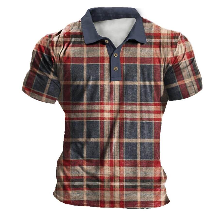 

Men's Vintage Plaid Contrast Print Polo T-Shirt