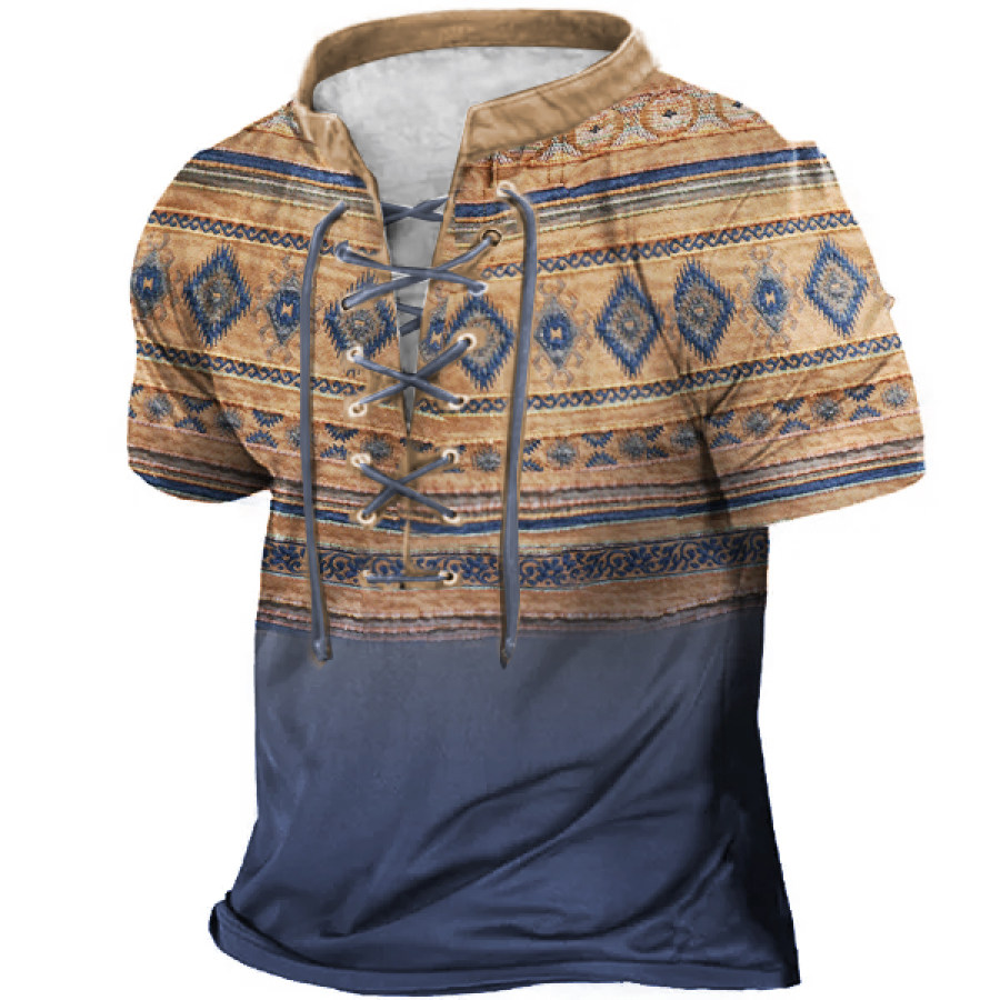 

Men's Outdoor Vintage Ethnic Print Drawstring Beach T-Shirt