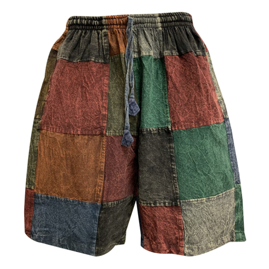 

Men's Vintage Washed Bohemian Patchwork Colorblock Print Pocket Shorts