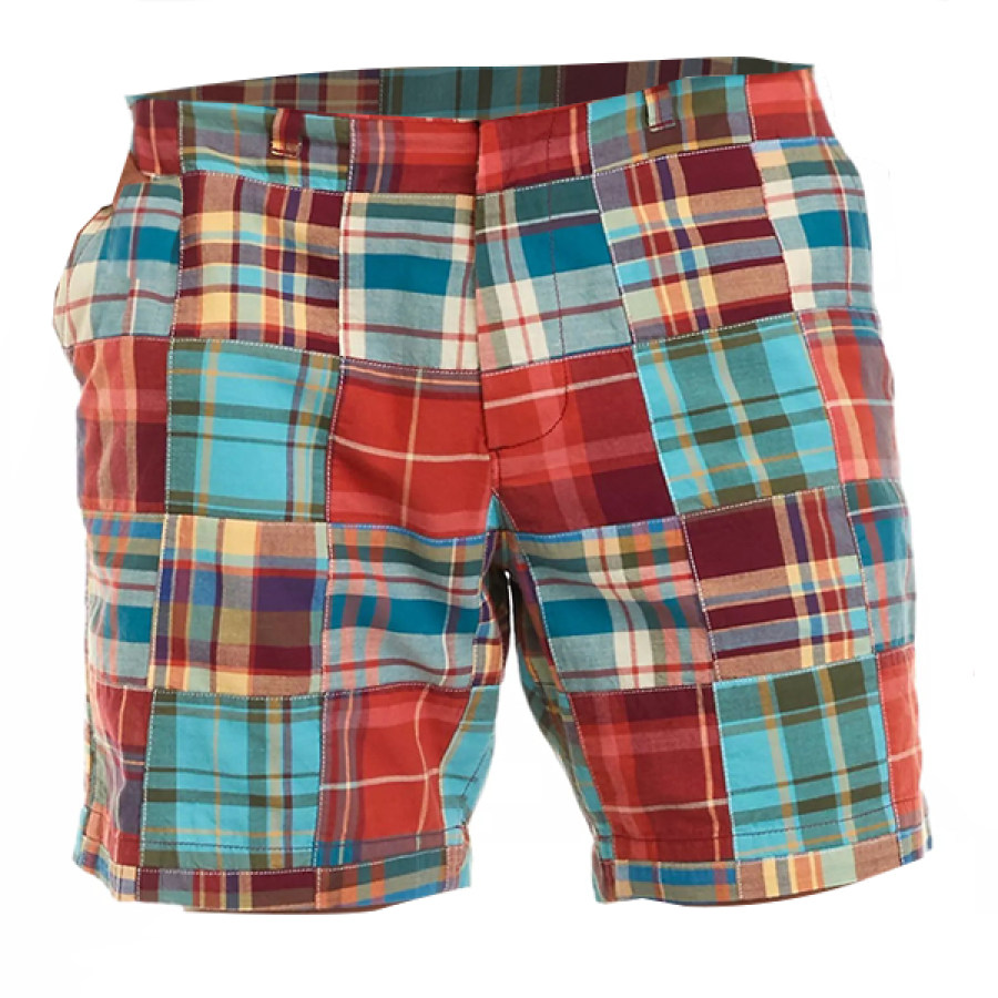 

Men's Vintage Panel Check Print Beach Shorts