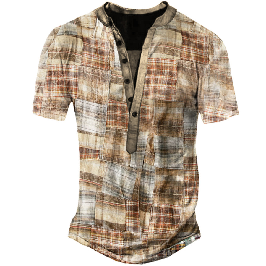 

Men's Vintage Colorblock Check Print Henley T-Shirt