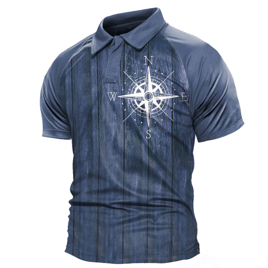 

Men's Vintage Compass Print Polo Collar T-Shirt
