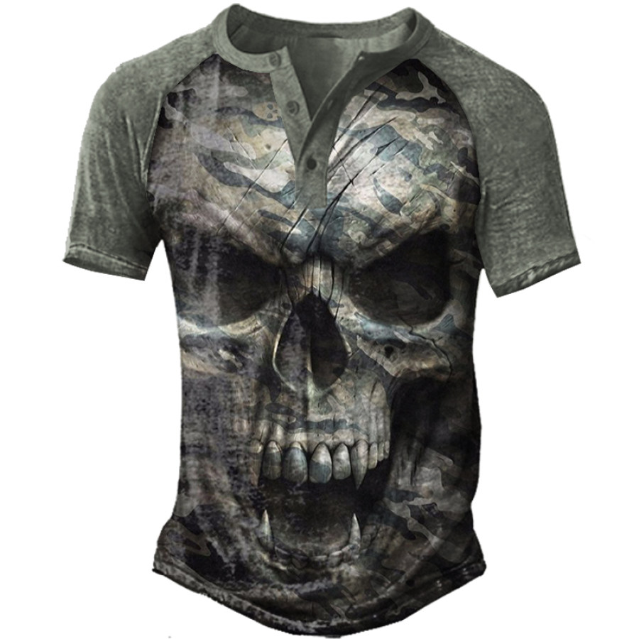 

Men's Vintage Skull Camouflage Print Henley Collar T-Shirt