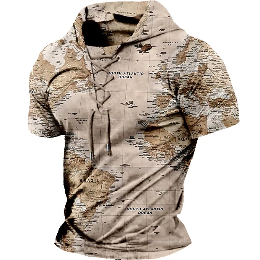 

Men's Outdoor Map Graphic Printed Lace Up Pullover Hoodie T-shirt