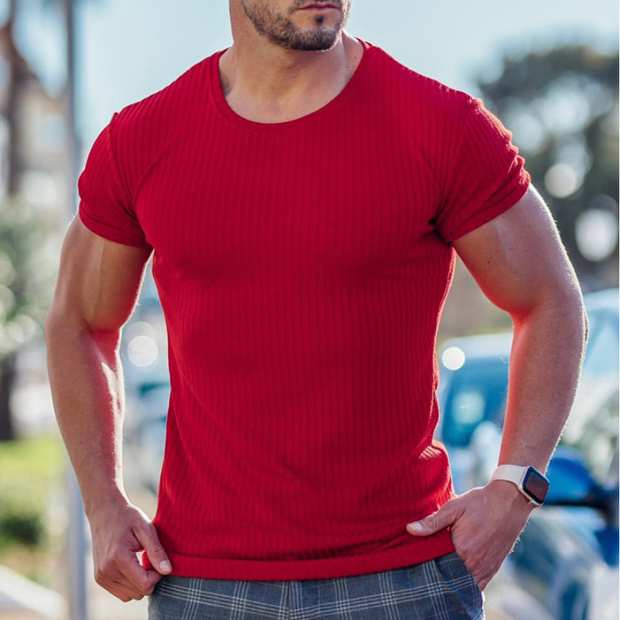 

Men's Fitness Casual Round Neck Elastic Stripe Short Sleeve T-shirt