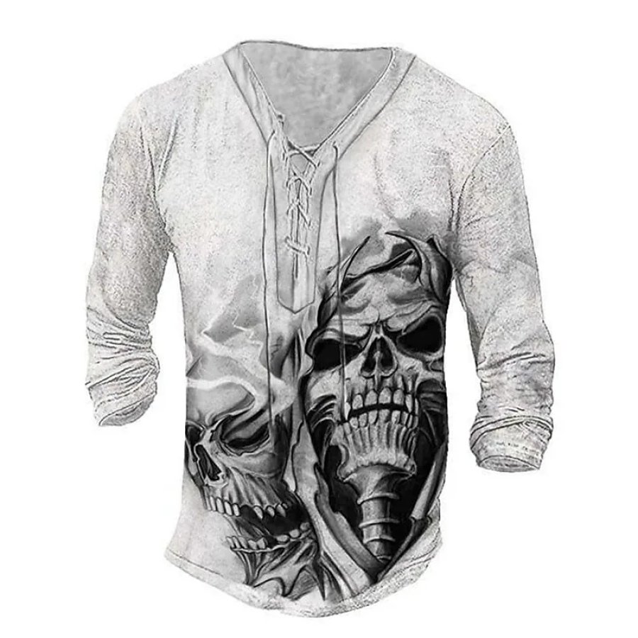 

Men's Graphic Skull 3D Print V-neck Long Sleeve Lace-up Tee