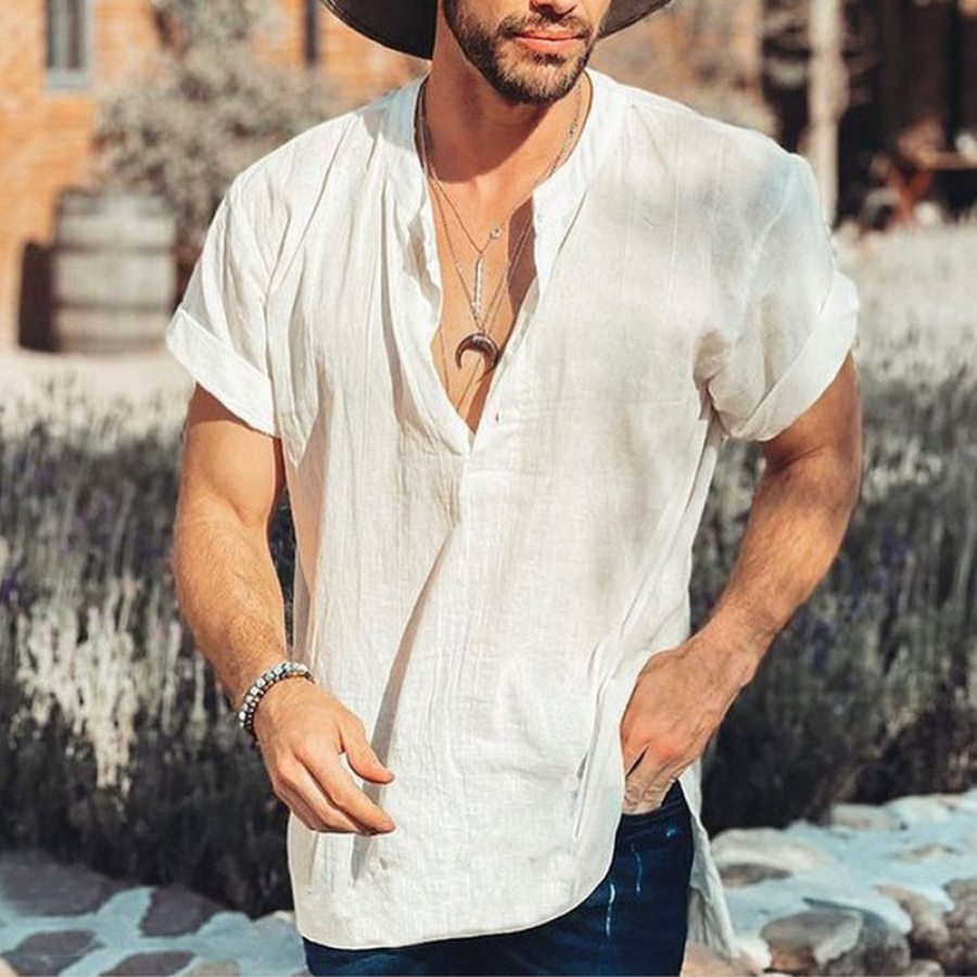 

Mens Solid Color Cotton And Linen Short Sleeve Shirt