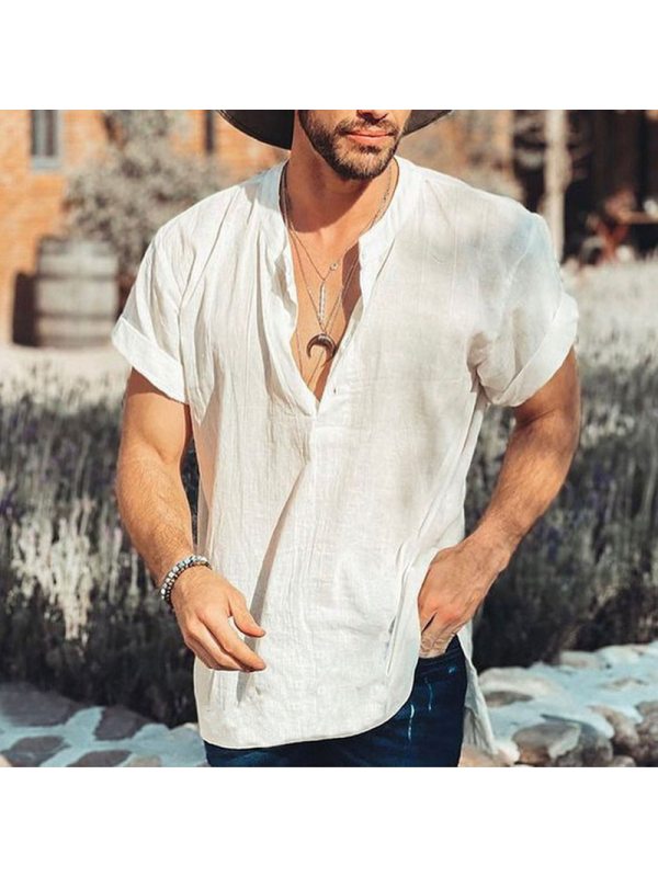 Mens Solid Color Cotton And Linen Short Sleeve Shirt