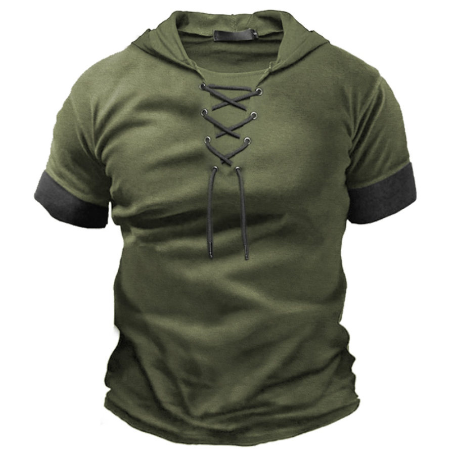 

Men's Vintage Color Block Lace Up Short Sleeve Hooded T-Shirt