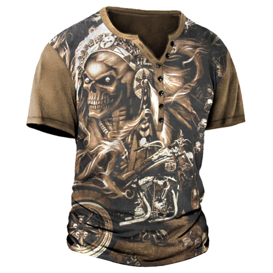 

Men's Vintage Motorcycle Skull Print Henry T-Shirt