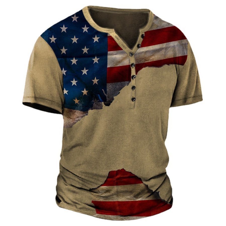 

Men's Vintage American Flag Print Henry T-Shirt