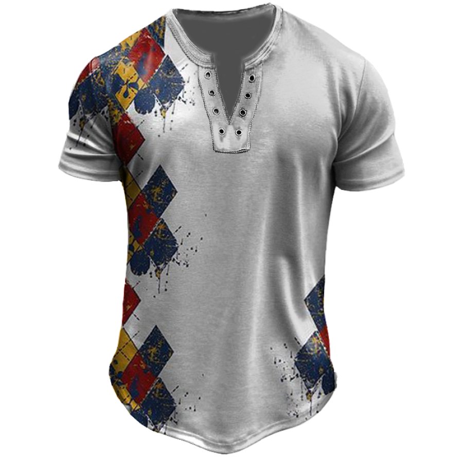 

Men's Vintage Eyelet V-neck Irregular Geometric Graphic Print T-Shirt