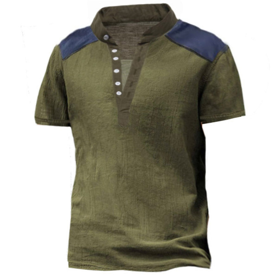 

Men's Outdoor Retro Contrast Henley Cotton Linen Short Sleeve T-Shirt