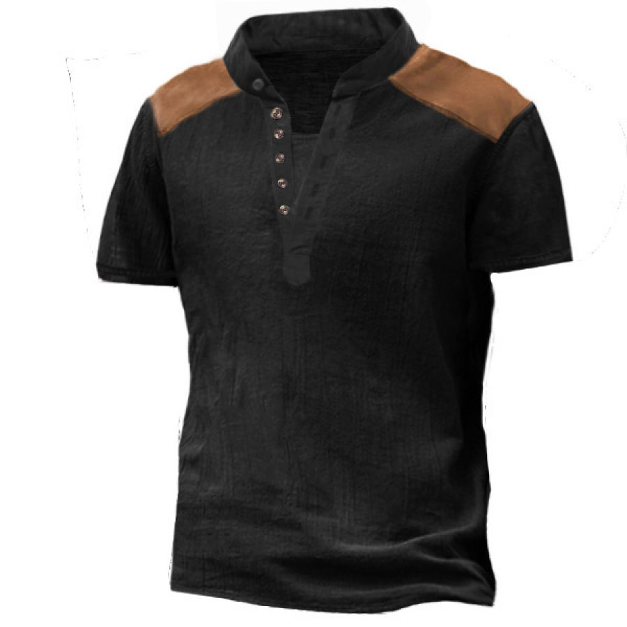 

Men's Retro Contrast Henley Cotton Linen Short Sleeve T-Shirt