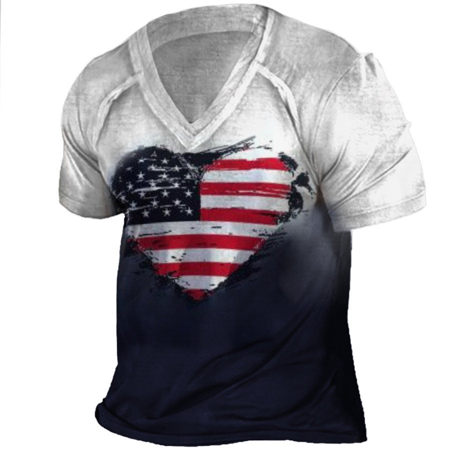 

Men's Vintage American Flag Gradient Print V-Neck T-Shirt