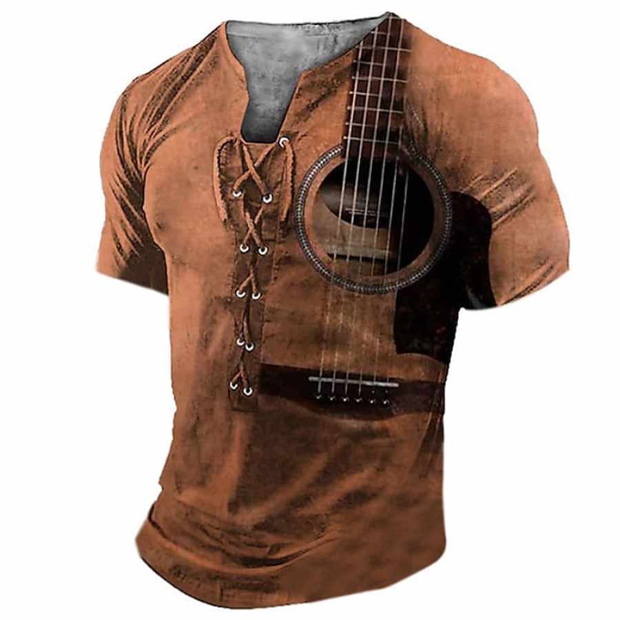 

Men's Outdoor Vintage Graphic Guitar Lace Up Henley Shirt Tee