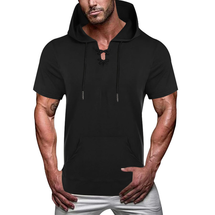 

Men's Summer Loose Short Sleeve Lace-up Hooded T-shirt