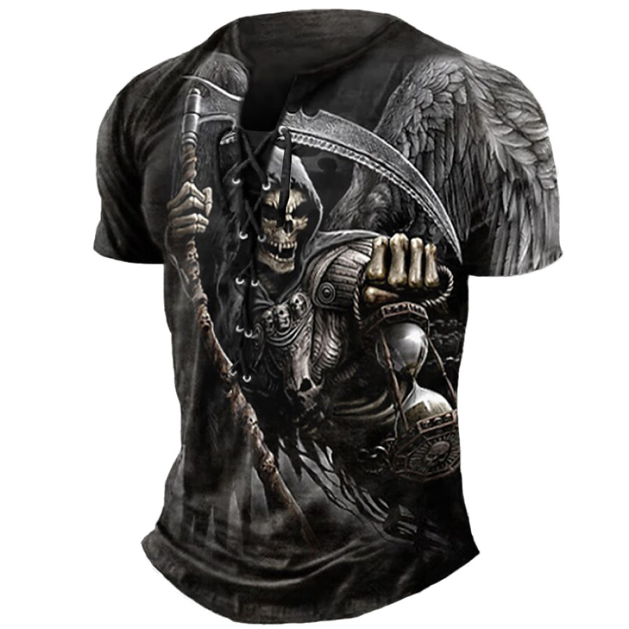 

Men's Retro Graphic Dark Skull Print Lace Up Henley Shirt Tee