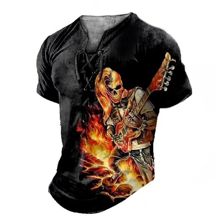 

Men's Vintage Graphic Guitar Skulls Lace Up Henley Shirt Tee