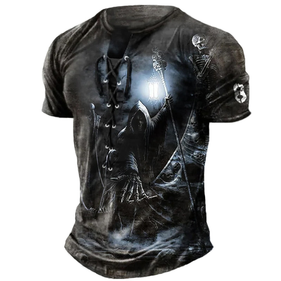 

Men's Retro Graphic Dark Lightbringer Print Lace Up Henley Shirt Tee