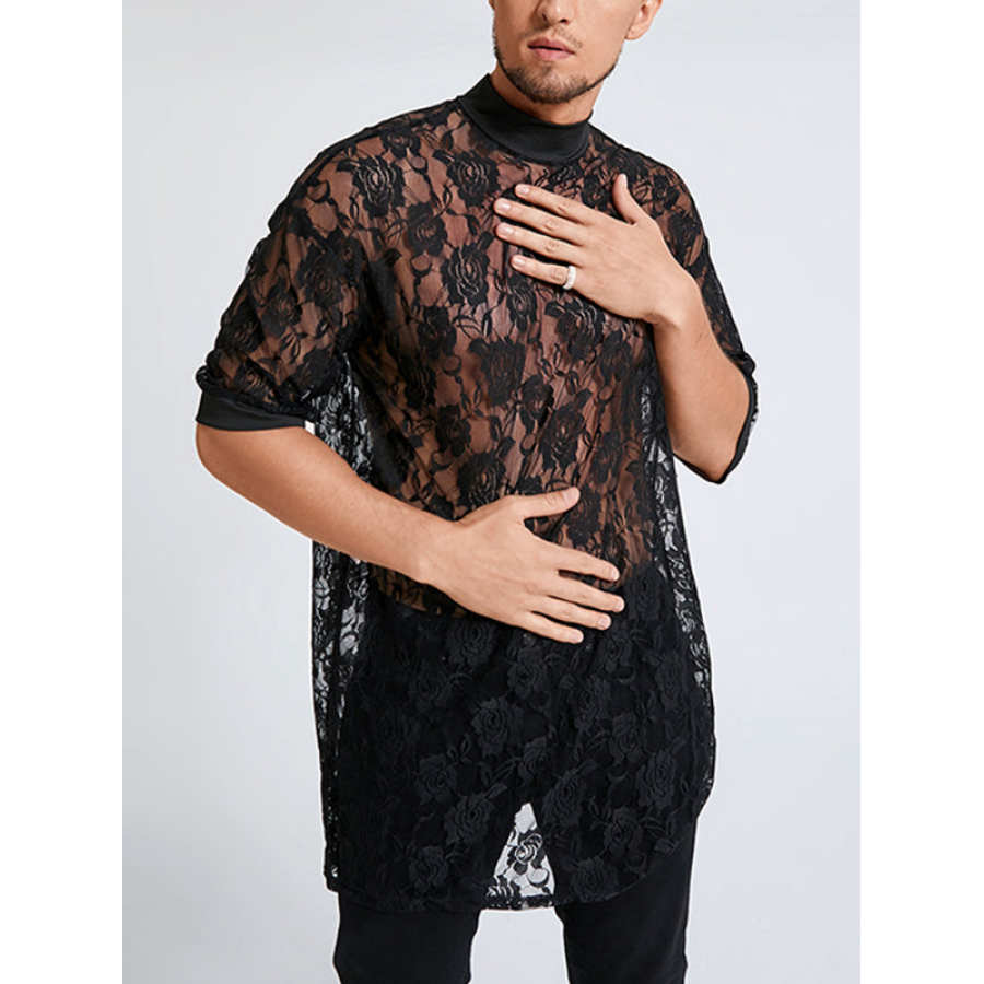 

Men's Lace See Through Long Short Sleeve Round Neck T-Shirt