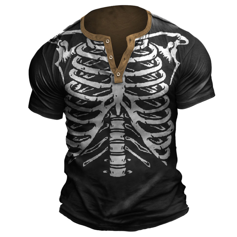 

Men's Vintage Skull Print Henley Collar T-Shirt