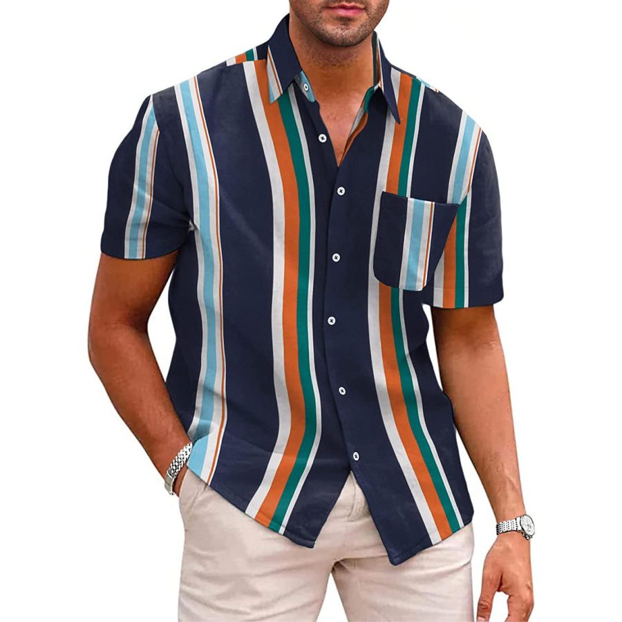 

Men's Hawaii Striped Beach Pocket Casual Short Sleeve Shirt