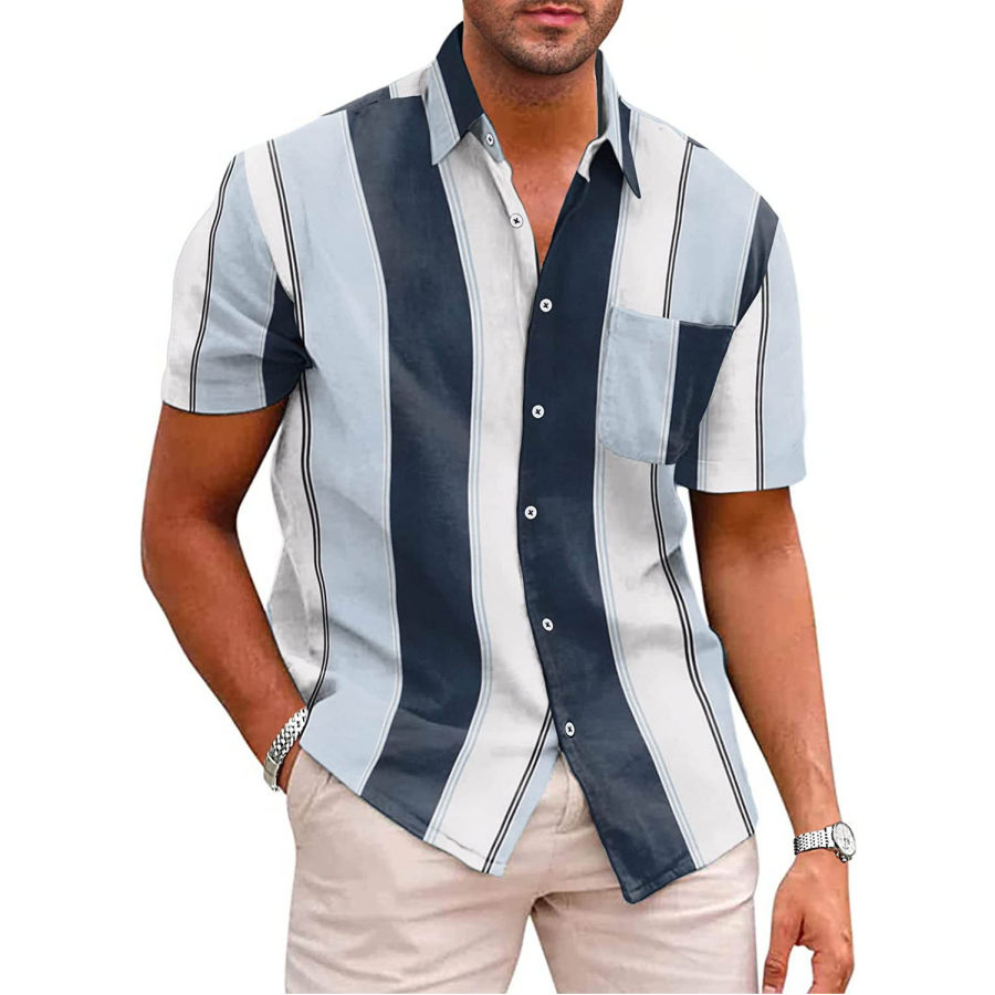 

Men's Hawaii Striped Beach Pocket Casual Short Sleeve Shirt