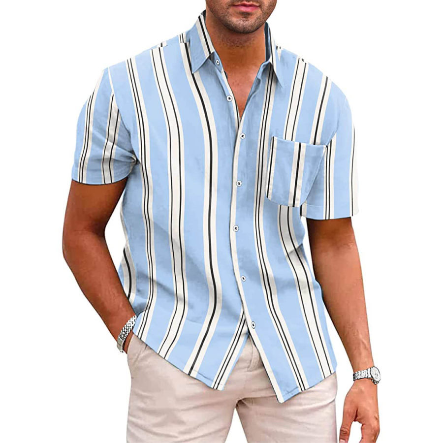 

Men's Hawaii Striped Beach Pocket Casual Short Sleeve Shirt