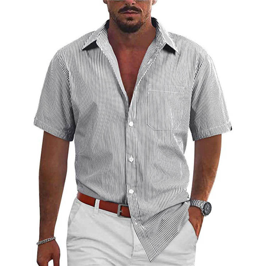 

Men's Striped Beach Pocket Casual Short Sleeve Shirt