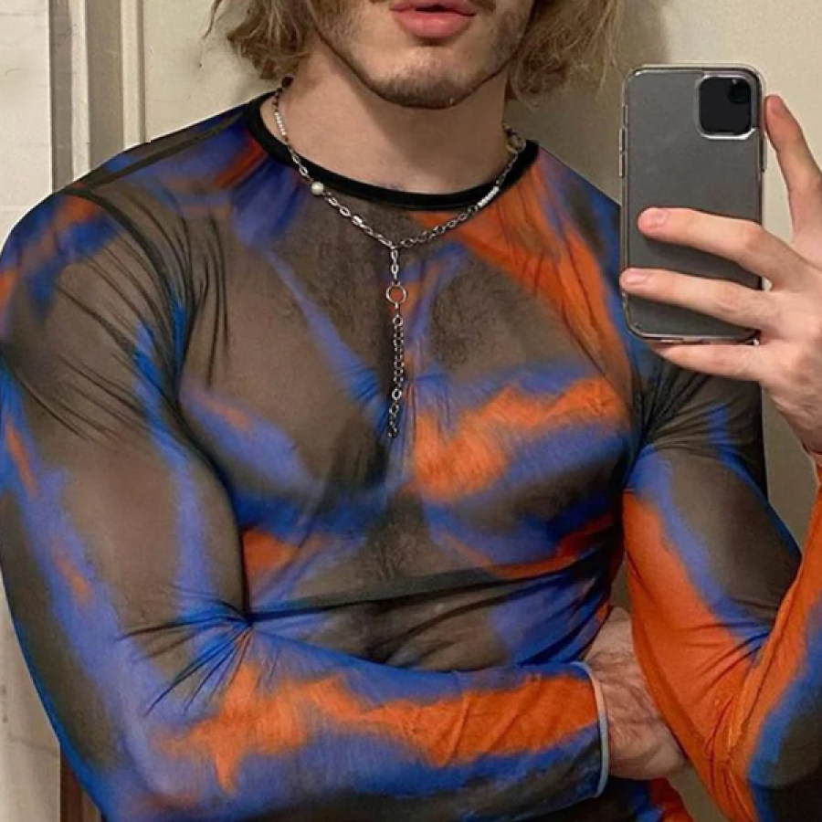 

Black Blue Orange Tie Dye Mesh Long Sleeve Shirt - See Through Man Shirt - Sheer Man Shirt - Fishnet Top - Party Nightcl