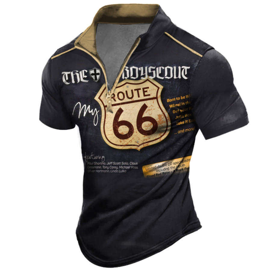 

Men's Vintage America Route 66 Print Zipper Stand Collar T-Shirt