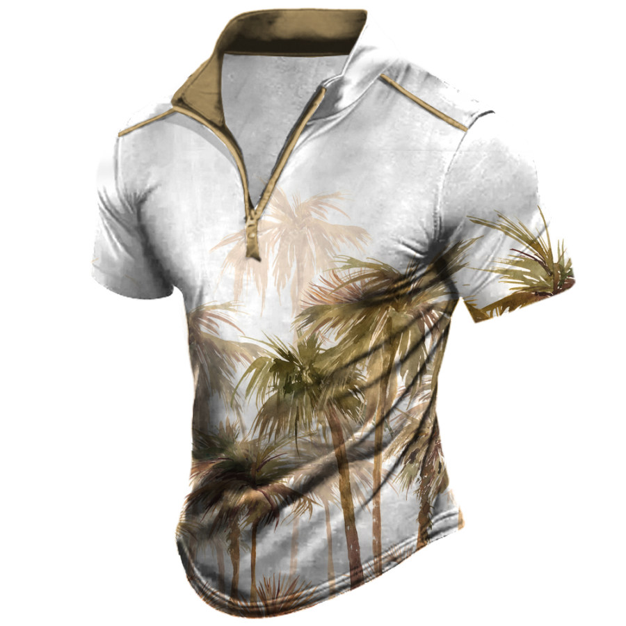 

Men's Coconut Tree Hawaiian Print Zipper Stand Collar T-Shirt
