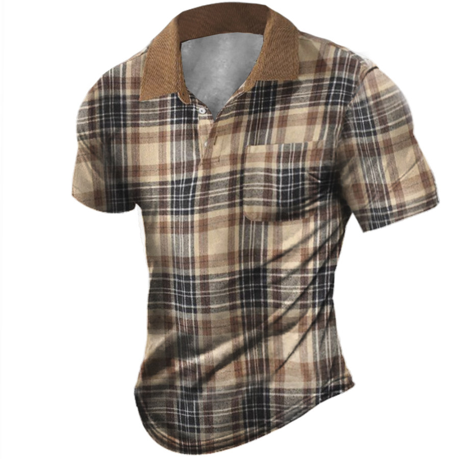

Men's Vintage Plaid Print Pocket Polo Neck T-Shirt